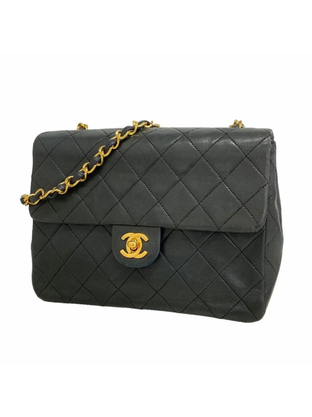 Chanel Shoulder Bag Mini Quilted Lambskin Black Gold